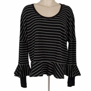 Free People We the Free Roundabout Knit Top Sz S Peplum Bell Sleeve Black Stripe